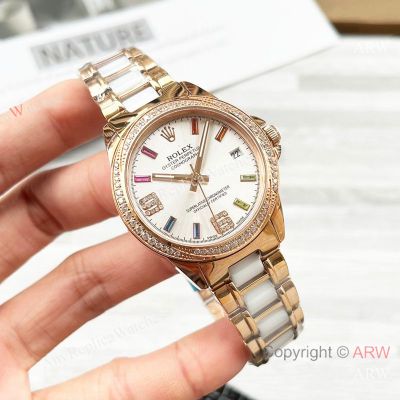 High Quality Replica Rolex Datejust Different Designs 316 stainless steel Genuine Leather strap Different Colors Face Dial Different Diamond Colors Ceramic Bezel Lady Watch 35*10mm